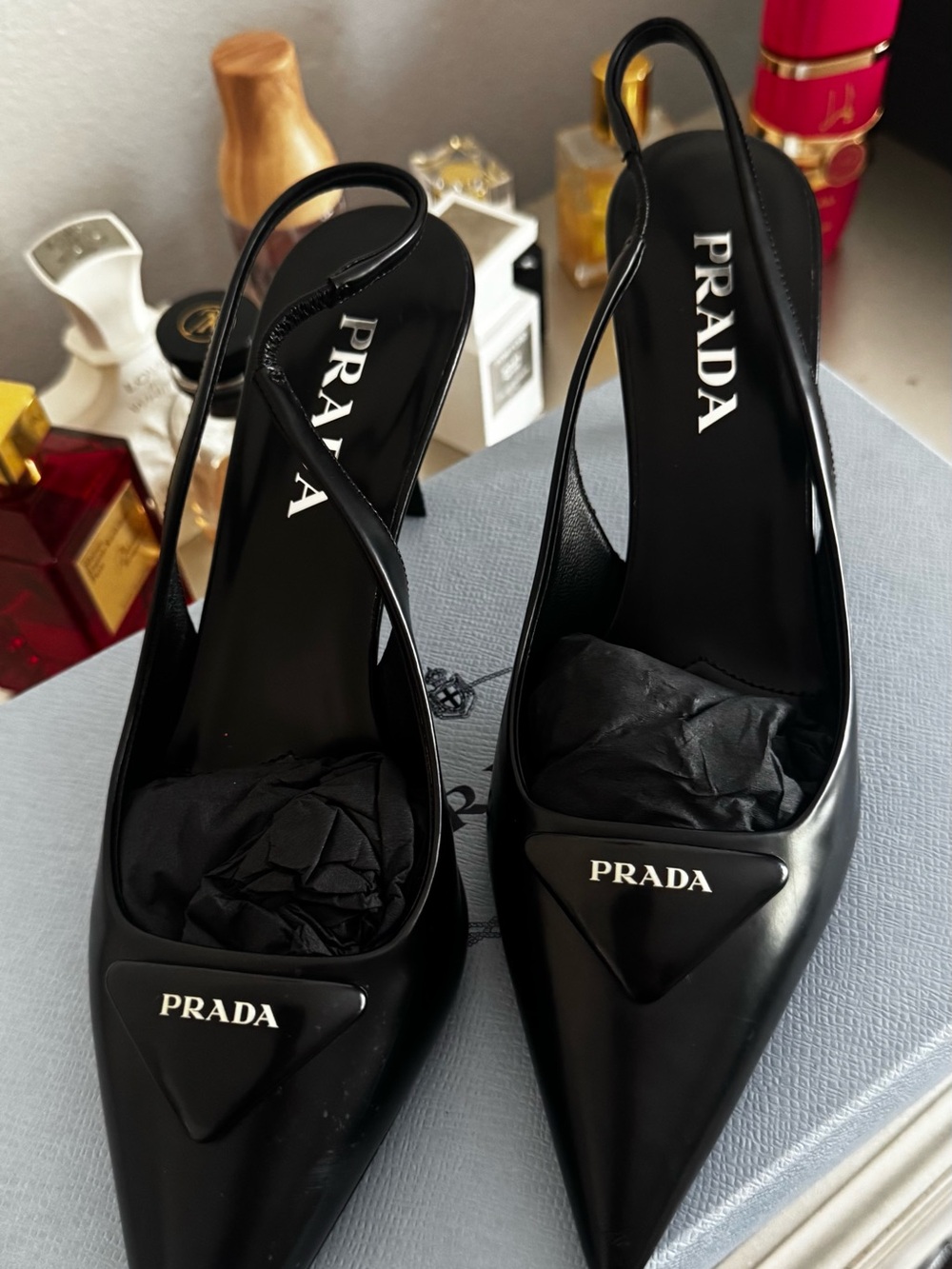 Prada Black Patent Pointed Slingback Pumps